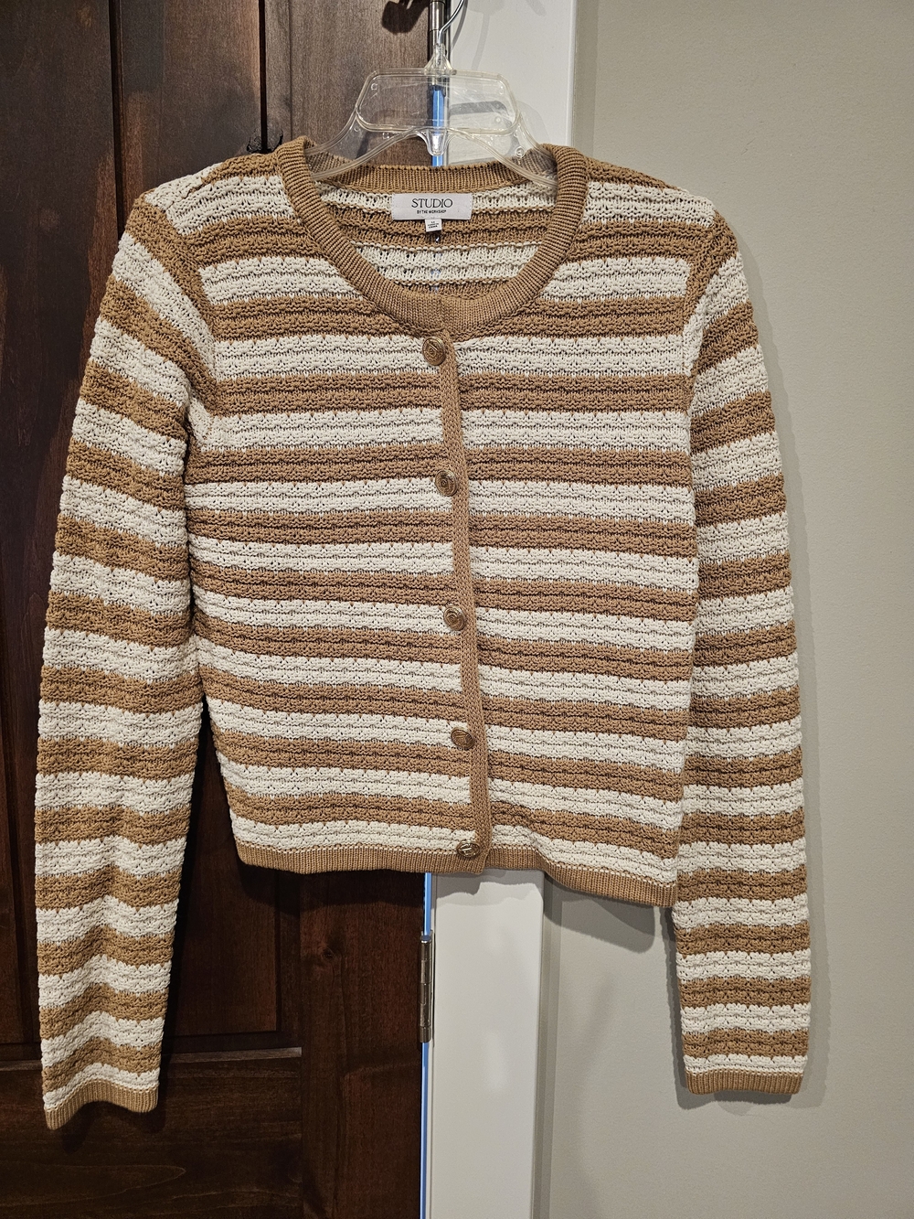 Worn Once - Studio Cream and Camel Striped Women's Button Cardigan Sweater